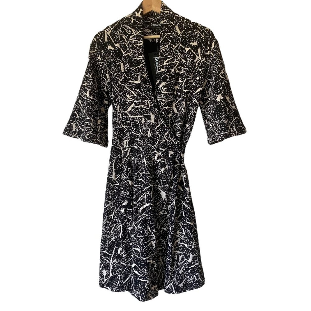 Betabrand Ready To Go Kimono Wrap Dress White Black Graphic Print Casual NWT SM